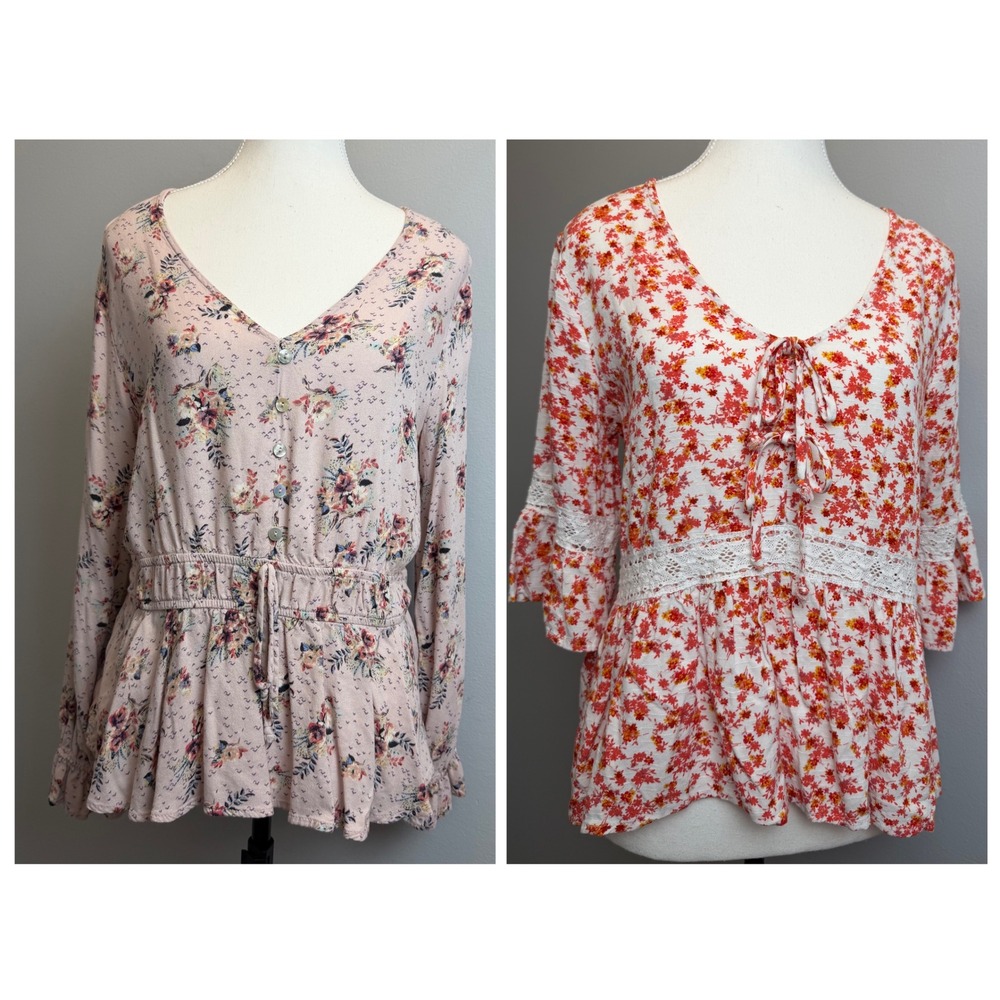Maurices medium Floral Peplum Top Bundle 2 Pink Orange Boho Lace Boho Feminine